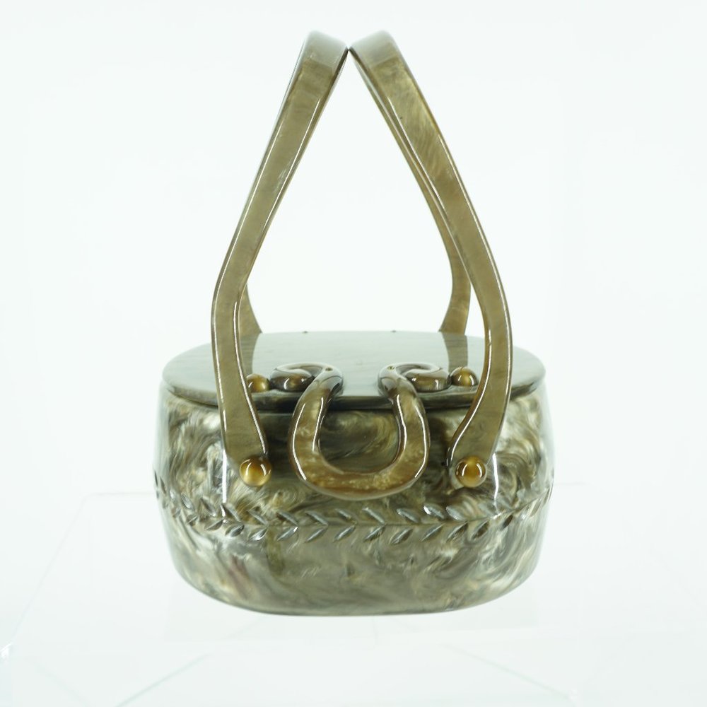 Llewellyn 1950s Grey Pearlized Lucite Double Handle Vintage Handbag
